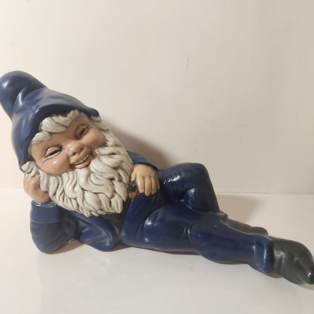 Vintage Reclining Garden Gnome Figurine Blue Ceramic Lounging Elf Statue 10in